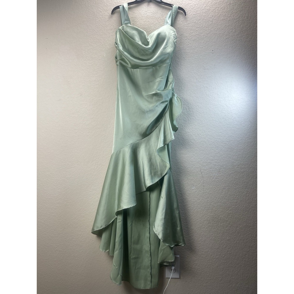 FAERIESTY Sage Green Satin Ruffle Maxi Dress XL Lace-Up Back Evening Gown